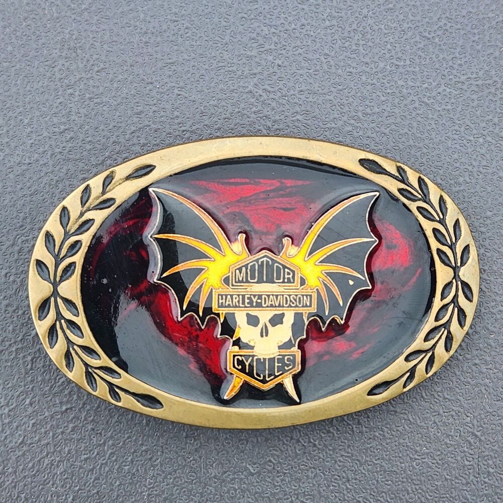 Vtg Harley Davidson Aminco Brass Belt Buckle Red Swirl Enamel Skull Bat Wings